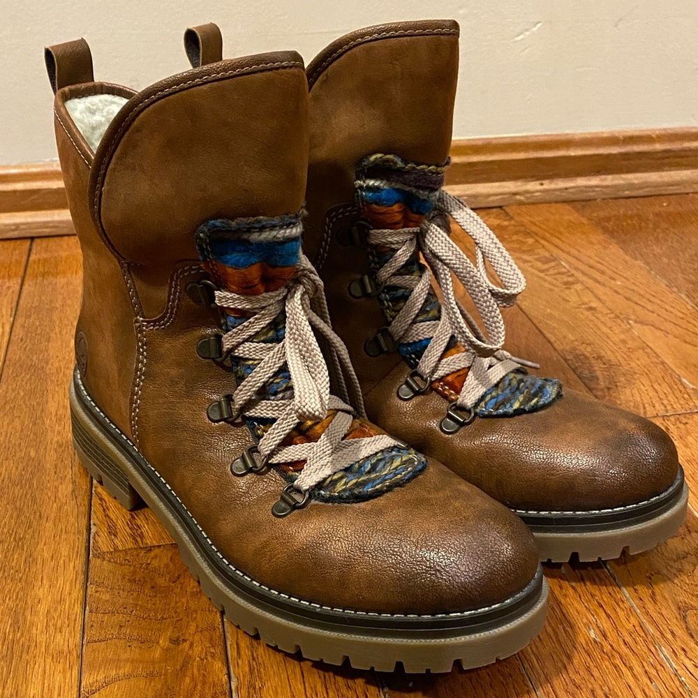 Rieker Brown Leather Lace-Up Alpine Boots with Multicolor Accents